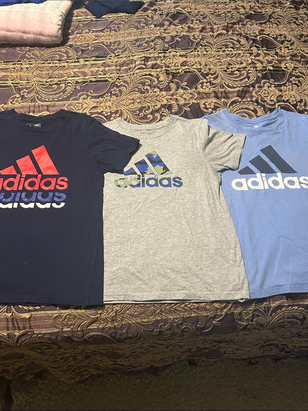 3 adidas Kids L 14/16 Short Sleeve Logo Tees Lot in Navy Gray Camo Light Blue